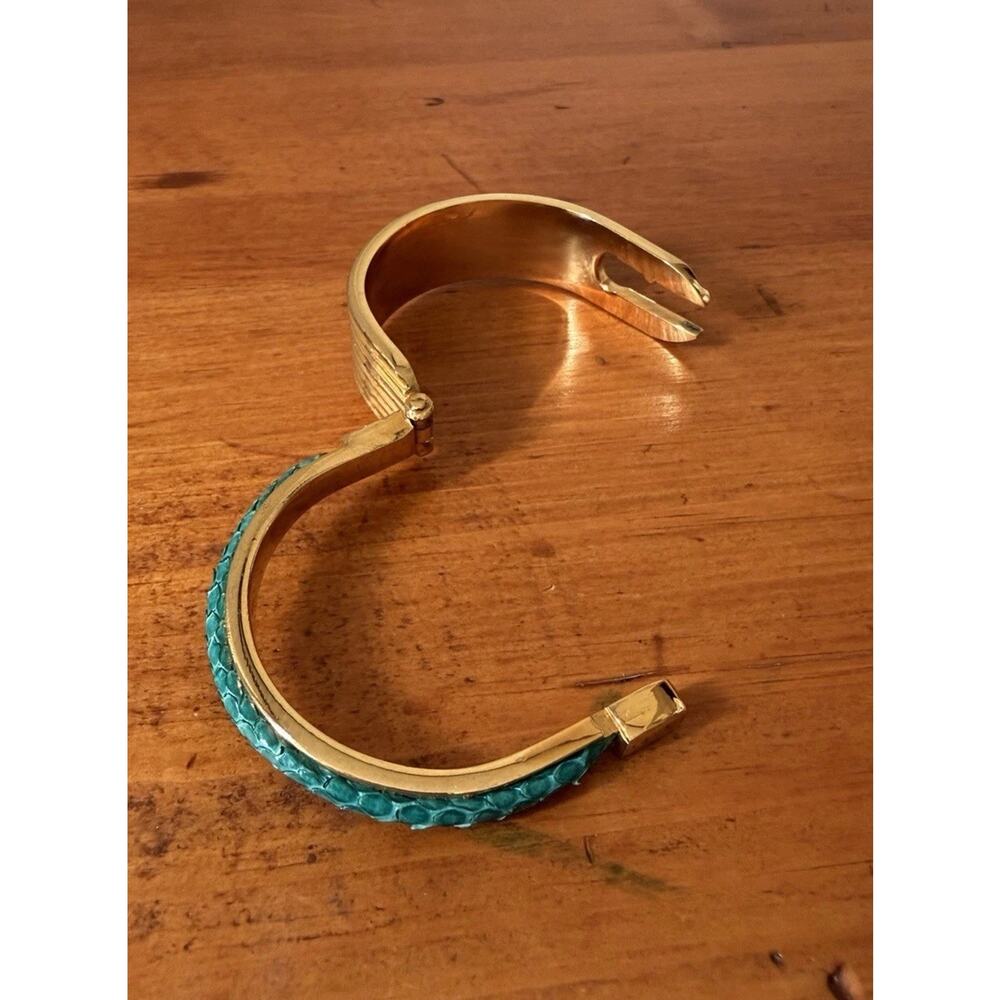 Gold Tone Hinged Cuff Bracelet with Turquoise Inlay Bohemian Statement Preowned - Picture 14 of 16